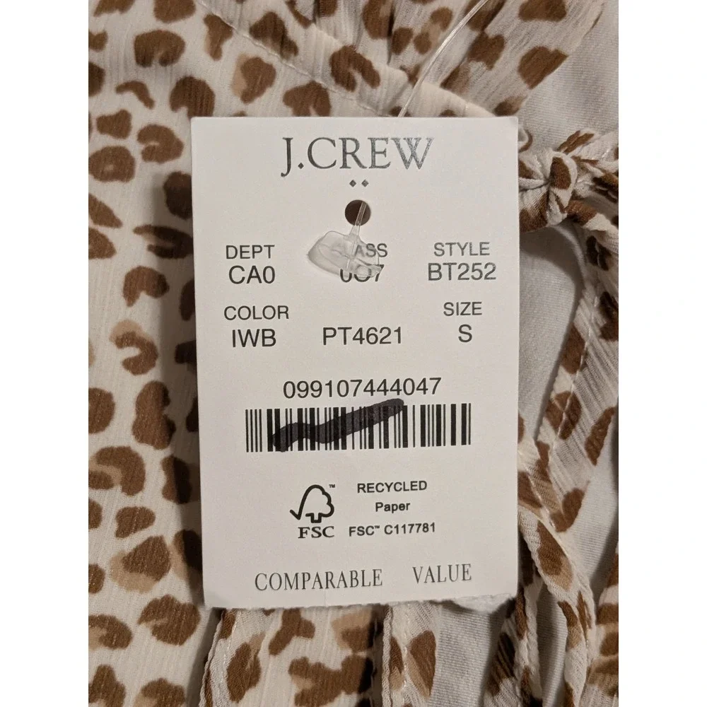 J. Crew Leopard Print Ruffle Tie Neck Short Sleeve Blouse Women's Size S NWT $80